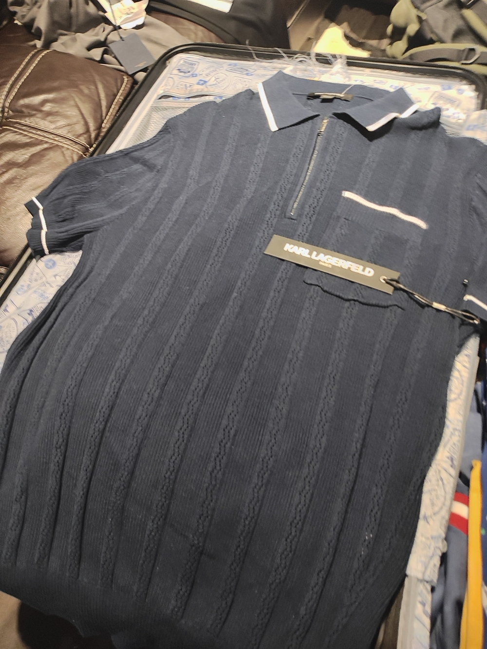 Karl Lagerfeld Navy Short-Sleeve Zip Polo with White Trim